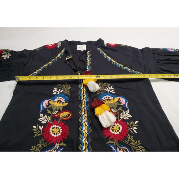 Misa Los Angeles Womens XS Embroidered Boho Peasant‎ Cotton Top Tassels Black - Picture 6 of 8